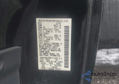 2006 Nissan Titan Xe z USA, uszkodzony, nr VIN 1N6AA06A96N538111